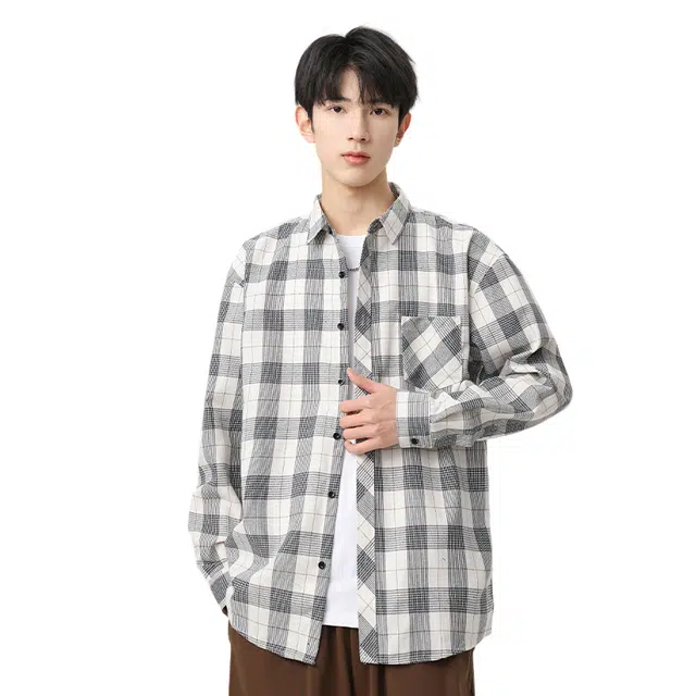 赛瀚 复古港风格子衬衫长袖男款休闲简约翻领衬衣外套秋季厚款百搭舒适亲肤男装宽松上衣显瘦显高少年感通勤高街外穿日系衣服 男女同款