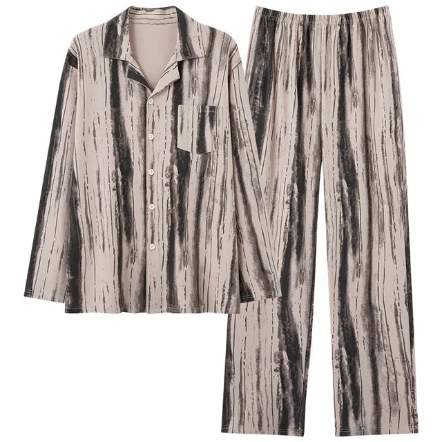 俏霓桐 复古时尚高级感条纹翻领纯棉亲肤休闲长袖长裤家居服可外穿睡衣套装 男款