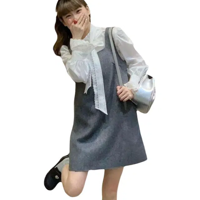 纤丝鸟 小香风无袖连衣裙蝴蝶结系带衬衫两件套拼色拼接裙装套装 女款