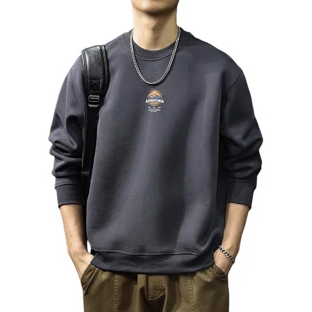 前进牛 秋季美式复古经典潮流潮牌痞帅百搭重磅极简风休闲内搭户外打底衫宽松圆领长袖上衣卫衣 男款