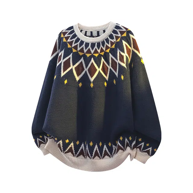 欧迪芬 慵懒风美式复古几何图形舒适保暖时尚通勤潮流百搭无性别情侣宽松学院风简约韩系闺蜜装费尔岛提花图案圆领长袖毛衫毛衣 男女同款