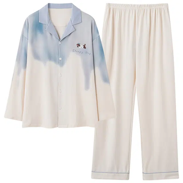 俏霓桐 时尚简约晕染可爱卡通翻领纯棉柔软亲肤休闲长袖长裤家居服可外穿睡衣套装 男款