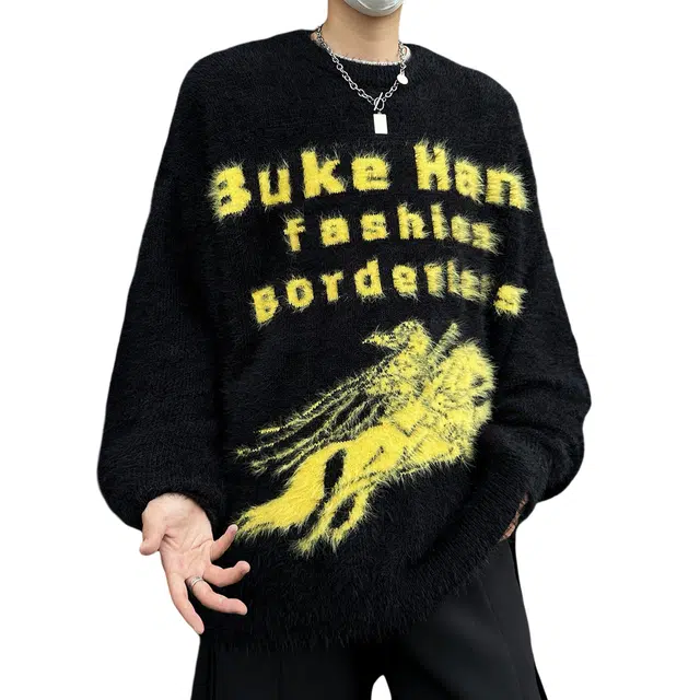 布客行 斯巴达勇士提花字母仿水貂绒毛衣美式高街宽松复古慵懒风休闲百搭海马毛痞帅嘻哈舒适防风防寒打底衫长袖圆领套头针织衫 男女同款