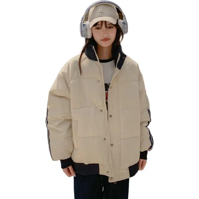 纤丝鸟 韩版简约设计撞色外套宽松条纹拼色面包服学院风百搭时尚棉服 女款