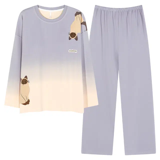 帕兰朵 女士纯棉秋冬款长袖长裤春秋季薄款可爱带胸垫家居服透气睡衣套装 女款