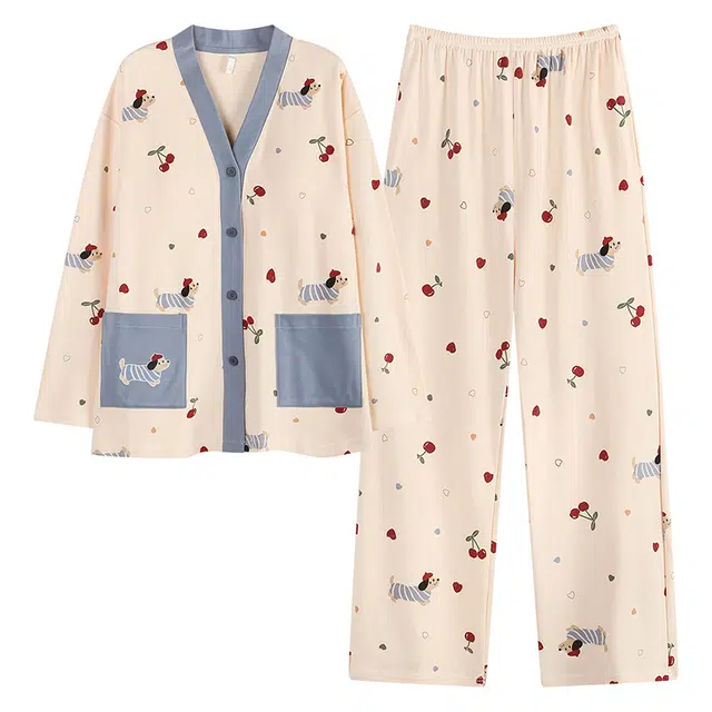 帕兰朵 女士纯棉开衫秋季柔软舒适亲肤少女家居服春秋透气睡衣套装 女款