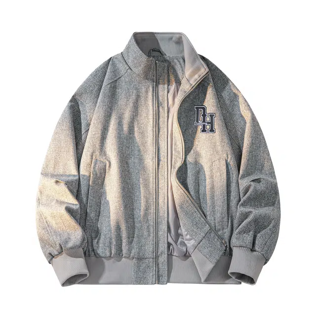 敦煌博物馆 美式高街复古廓形简约字母万针刺绣基础款立领宽松休闲日常通勤拉链潮流百搭长袖夹克外套 男女同款