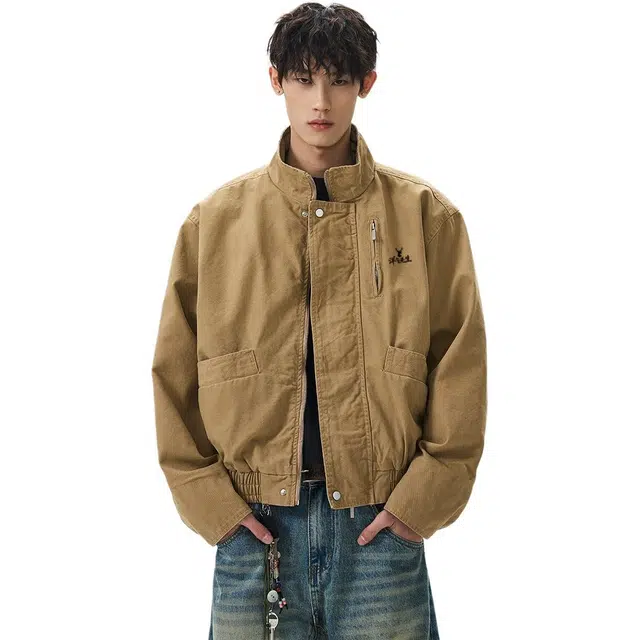 洋气先生 美式复古简约时尚小众高级感潮流帅气日常基础休闲宽松百搭防风保暖城市机能风纯色工装立领短款长袖外套夹克 男女同款