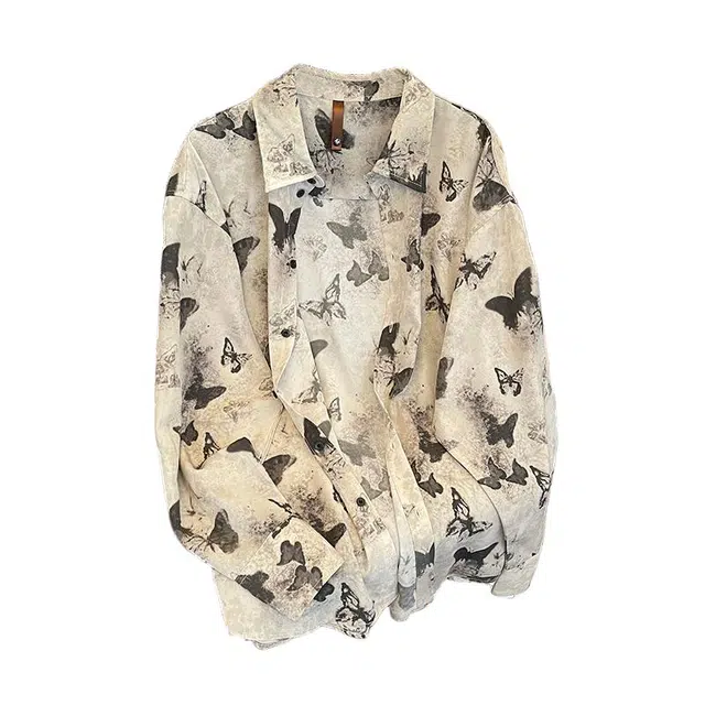 木林森 美式流苏蝴蝶设计感翻领高街时尚潮流百搭宽松简约休闲长袖衬衫 男女同款