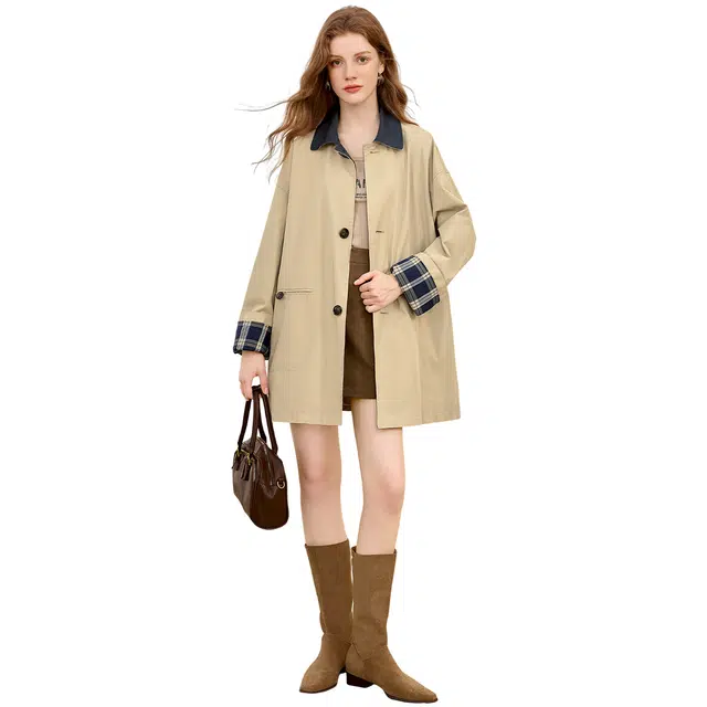 她池 翻领单排扣美拉德风中长款撞色拼接格纹长袖风衣 女款 卡其色