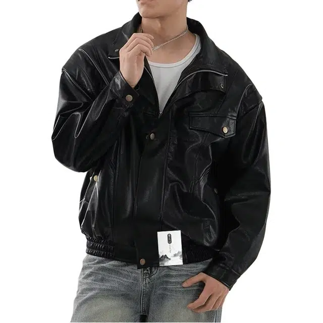 【美式复古短款廓形机车皮衣】布客行 赛博朋克痞帅狂野硬朗摇滚叛逆霸气不羁防水防风做旧质感英伦学院风翻领百搭外套  夹克 男女同款