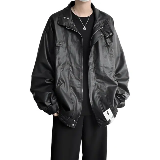 【痞帅休闲PU皮工装拉链外套】布客行 潮酷前卫时髦摩登赛博朋克叛逆霸气纯色宽松百搭个性学院风美拉德翻领设计防风防水夹克 男女同款