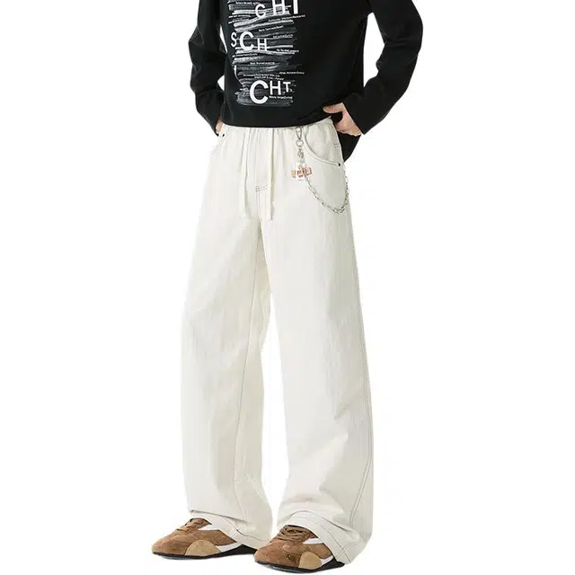 洋气先生 美式潮牌高街痞帅小挂件设计简约高级纯色系带长裤子休闲宽松显高显瘦日常通勤徒步保暖舒适防泼水耐磨时尚百搭工装裤 男女同款