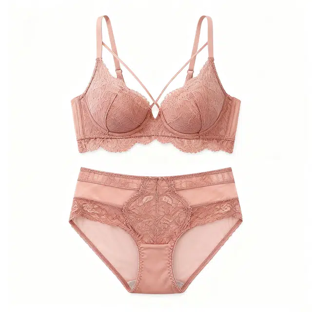 潞优野 纯欲蕾丝大胸显小聚拢透气防下垂收副乳大码三角裤内衣裤套装 女款