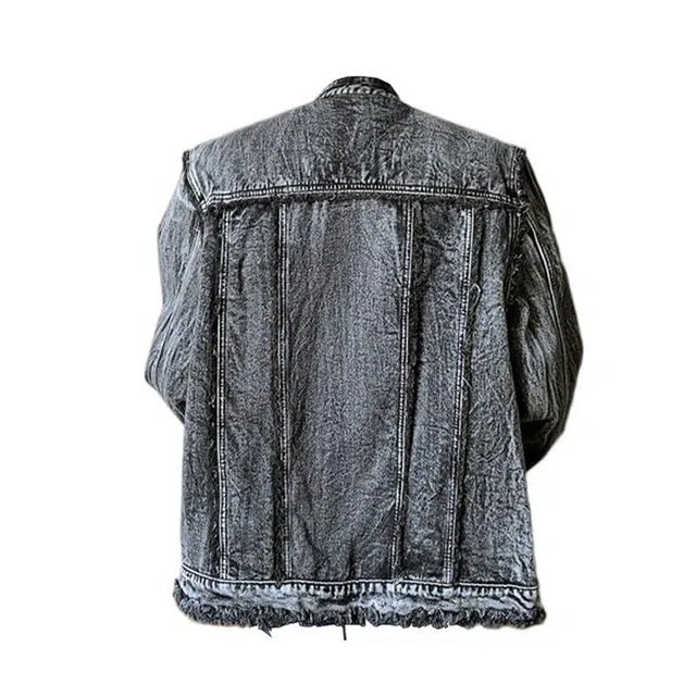 木林森 美式高街扎染复古个性高级感垫肩水洗做旧短款立领夹克时尚毛边设计牛仔外套 男女同款