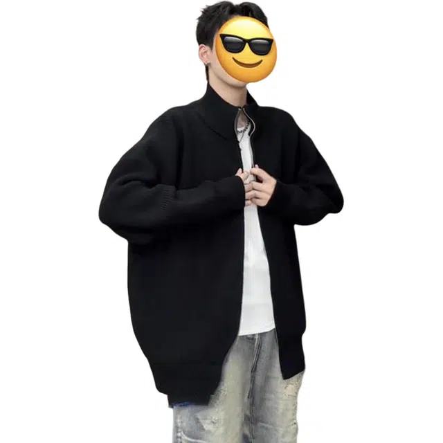 徐百货 美式双拉链开衫立领慵懒风高级感小众设计感上衣夹克外套潮流百搭毛衣 男女同款