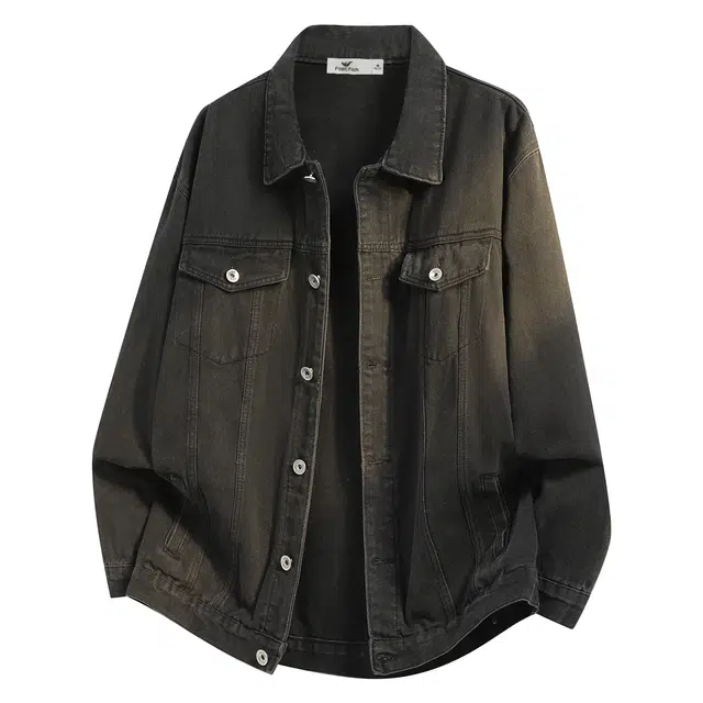 快鱼 美式复古街头风水洗做旧翻领单排扣休闲夹克宽松大口袋设计时尚慵懒百搭高街工装牛仔外套 男女同款