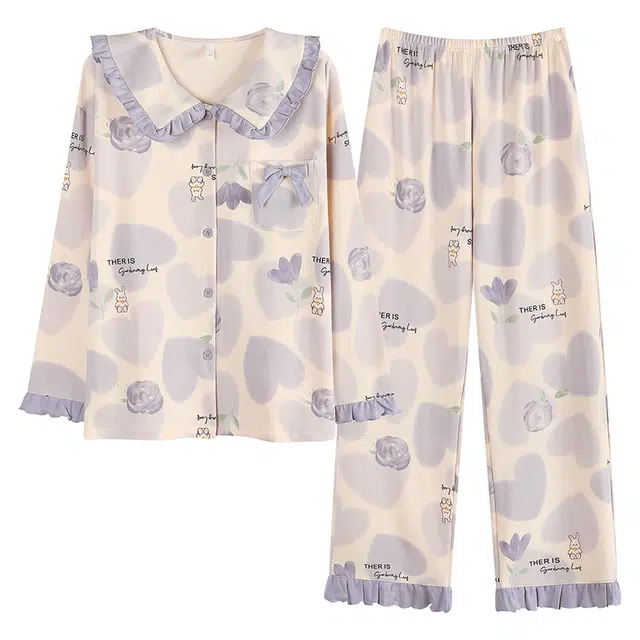 帕兰朵 春秋冬季高级感长袖外穿加大码家居服纯棉女士舒适柔软睡衣套装 女款