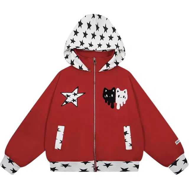 桴生 美式复古星星猫咪刺绣设计感宽松百搭情侣连帽秋冬开衫外套卫衣 男女同款