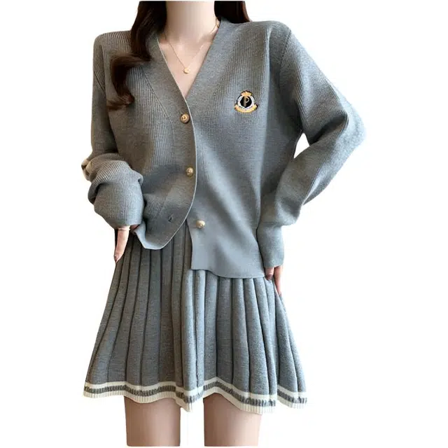 荟萃阁 韩系学院风小个子穿搭针织百褶裙两件套裙装套装 女款