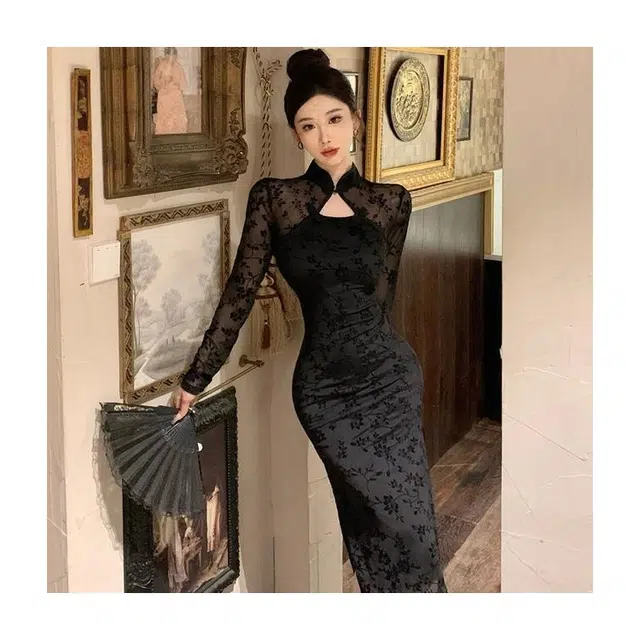 俞兆林 半开领包臀裙复古时尚开叉修身显瘦长袖连衣裙 女款