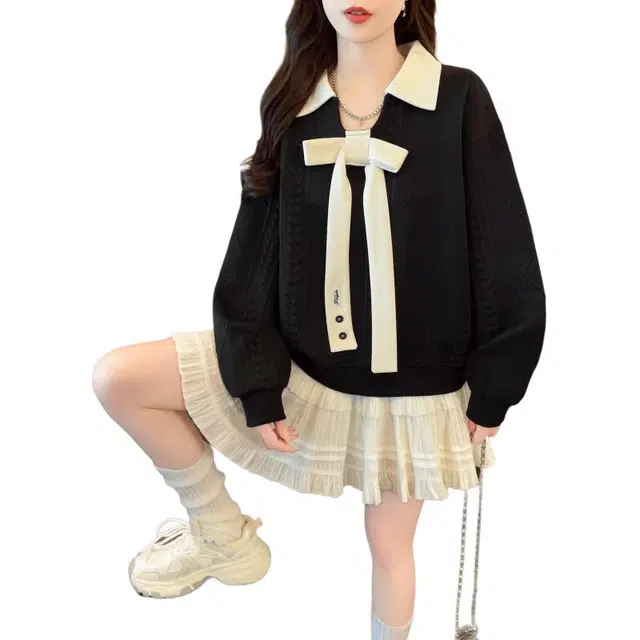 缪斯的诱惑 秋季花朵百搭不规则领宽松上衣女针织衫 女款