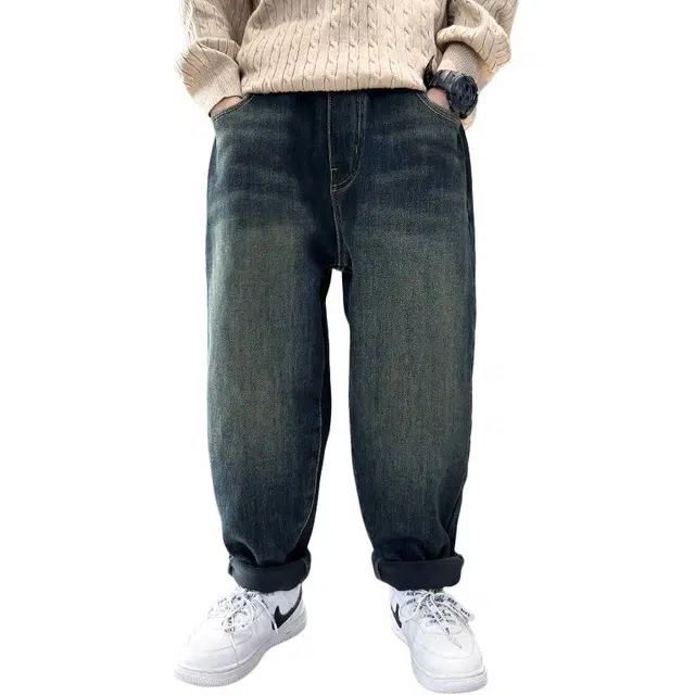 黑恐龙牛仔裤 潮流直筒一体绒宽松英伦长裤 青少年