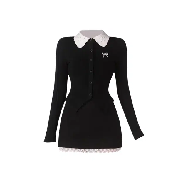 望莱仕 法式纯欲辣妹针织子套装女春秋设计感小众拼接上衣半身短裙长袖连衣裙 女款