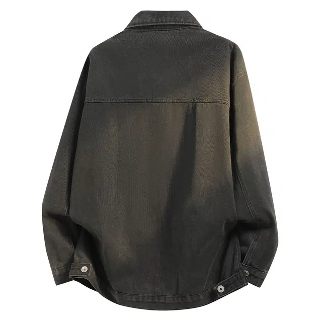 快鱼 美式复古街头风水洗做旧翻领单排扣休闲夹克宽松大口袋设计时尚慵懒百搭高街工装牛仔外套 男女同款