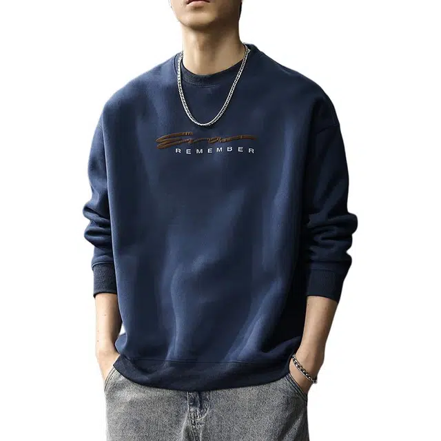 前进牛 秋季美式复古经典潮流潮牌字母极简风印花男士宽松户外百搭痞帅休闲圆领长袖上衣卫衣 男款