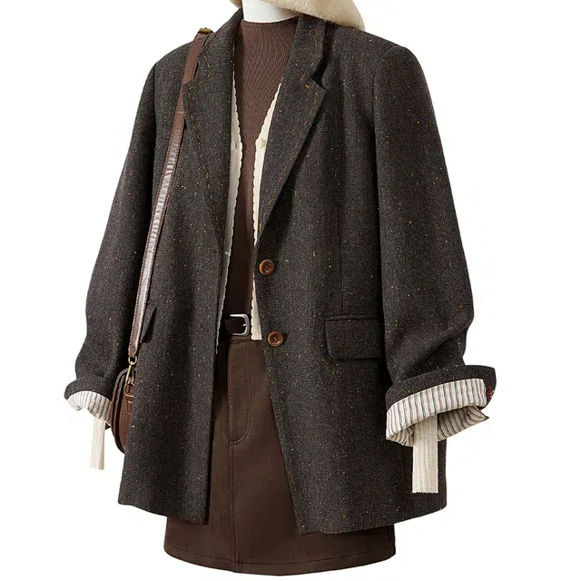 她池 复古风翻领中长款绵羊毛宽松款长袖西装 女款