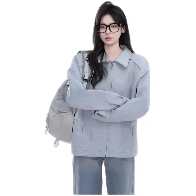 木木兔 潮流时尚秋季外套 情侣装 大码  美式复古重磅高级感拉链宽松休闲简约百搭夹克 男女同款