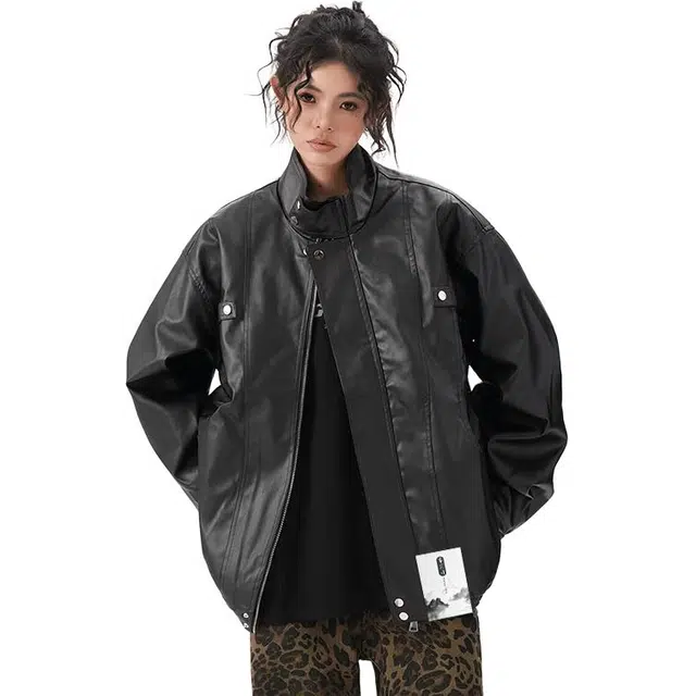 【个性痞帅PU皮工装拉链机车服】布客行 潮酷前卫时髦摩登赛博朋克纯色宽松休闲百搭学院风美拉德翻领设计防风防水潮流  夹克 男女同款
