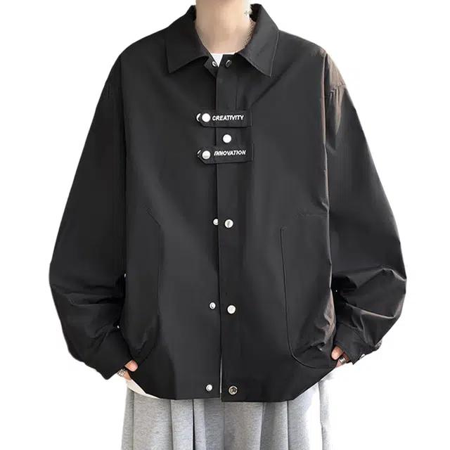 冈哉 印花铆钉单排扣小众设计美式复古高街痞帅垂感休闲高级感宽松通勤百搭夹克外套 男女同款