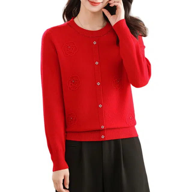 恒源祥 优雅简约时尚精致纯色绣花圆领羊毛针织衫 女款