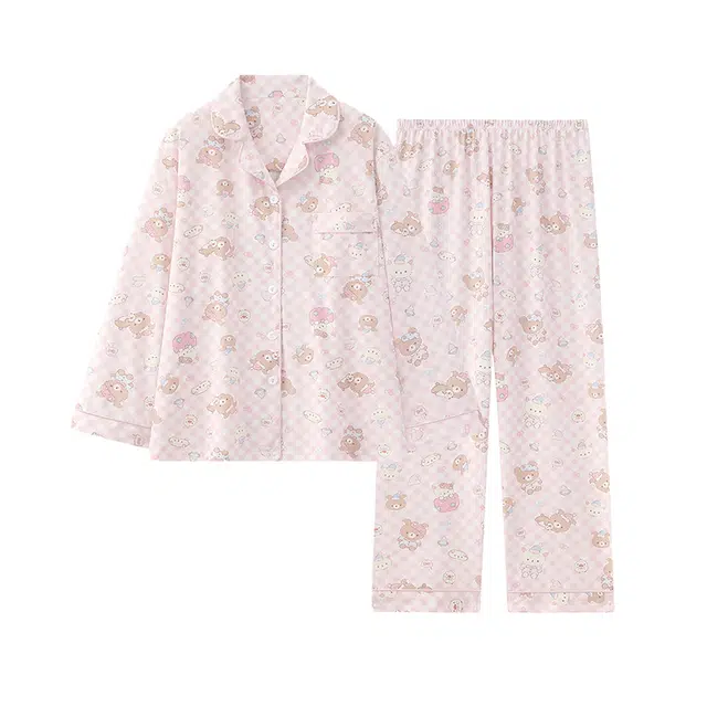 米囹 长袖长裤开衫翻领卡通可爱睡衣套装 女款