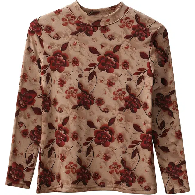 俏佳人 秋冬防寒优雅妈妈装磨毛薄绒中老年半高领印花碎花长袖打底衫高弹力舒适亲肤保暖上装 女款