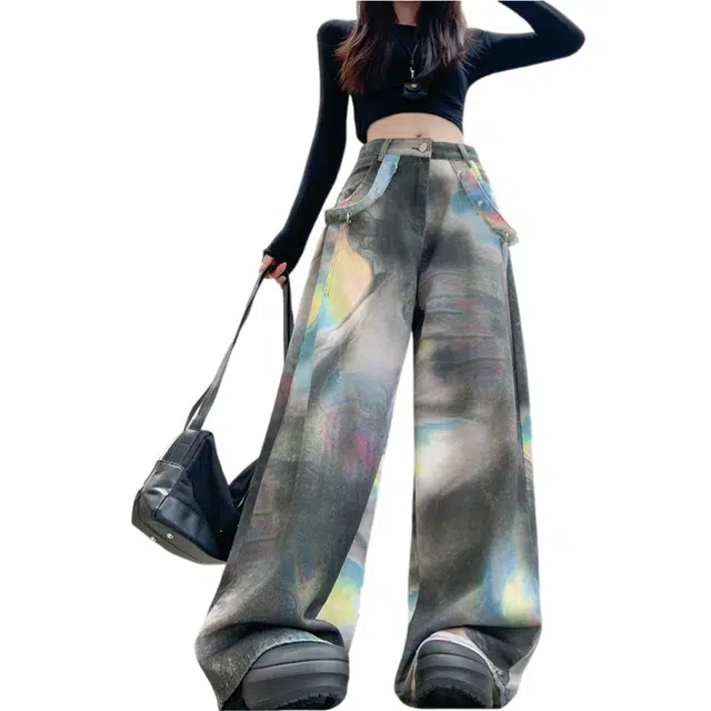 荟萃阁 美式复古高街彩色晕染小众气质百搭阔腿裤牛仔裤 女款