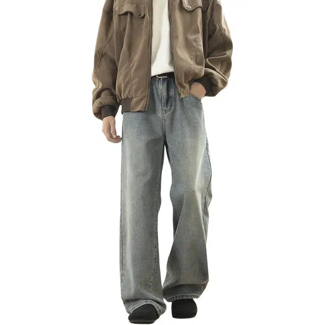 海尔斯 简约美式高街做旧水洗宽松舒适中腰直筒牛仔裤 男款