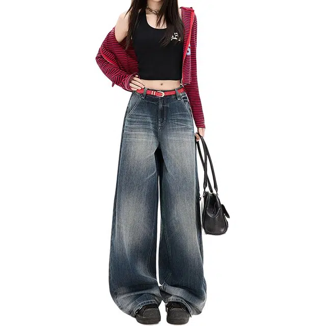 如续 美式复古风做旧潮流设计感秋冬宽松长裤百搭慵懒风拖地牛仔裤 女款