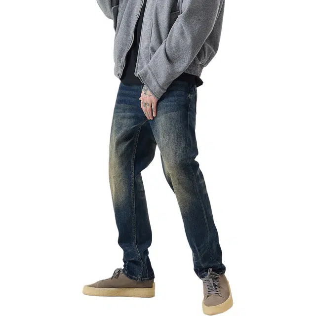 逆腾 秋季长裤男美式直筒男士复古重工水洗做旧修身小脚牛仔裤 男款