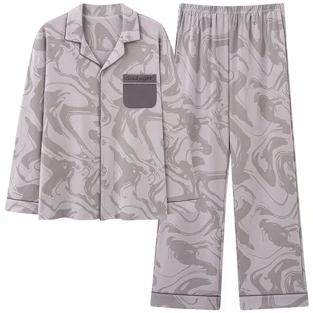 俏霓桐 时尚简约复古纯棉亲肤翻领潮流休闲长袖长裤家居服可外穿睡衣套装 男款