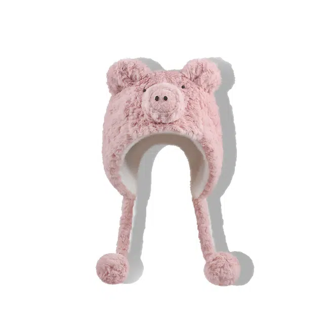 【猪猪女孩~秋冬必备】 攸委 搞怪可爱卡通粉色小猪毛绒帽子女冬季加厚保暖防寒护耳显脸小 涤纶 时尚百搭套头包头帽雷锋帽绒线帽 女款