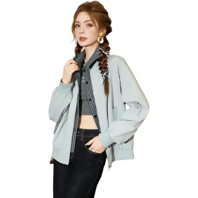 法文箱子 拼接格纹高级感宽松夹克 女款