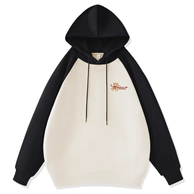 棉致 玩偶小熊简约无性别主义美式撞色插肩时尚休闲宽松弹力吸湿透气外套连帽套头卫衣 男女同款