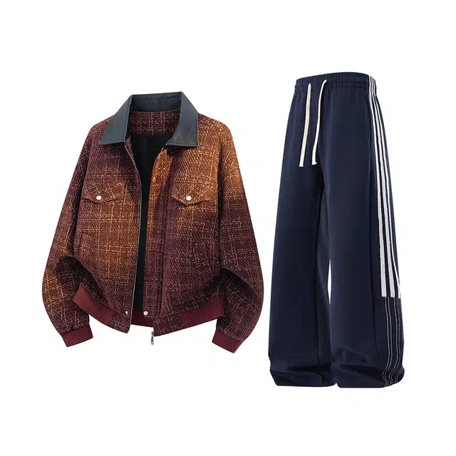 素杭 美式重磅短款千鸟格撞色皮领夹克外套搭配松紧腰条纹直筒阔腿卫裤两件套潮流穿搭一整套休闲运动套装 男女同款