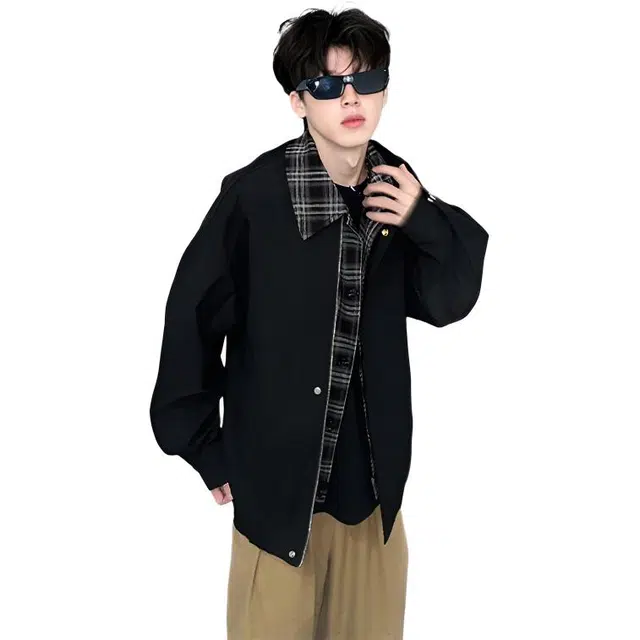 徐百货  美式潮牌经典假两件拼接格纹衬领设计感夹克春秋季宽松百搭防风保暖工装飞行员机车教练外套上衣棒球服 男女同款