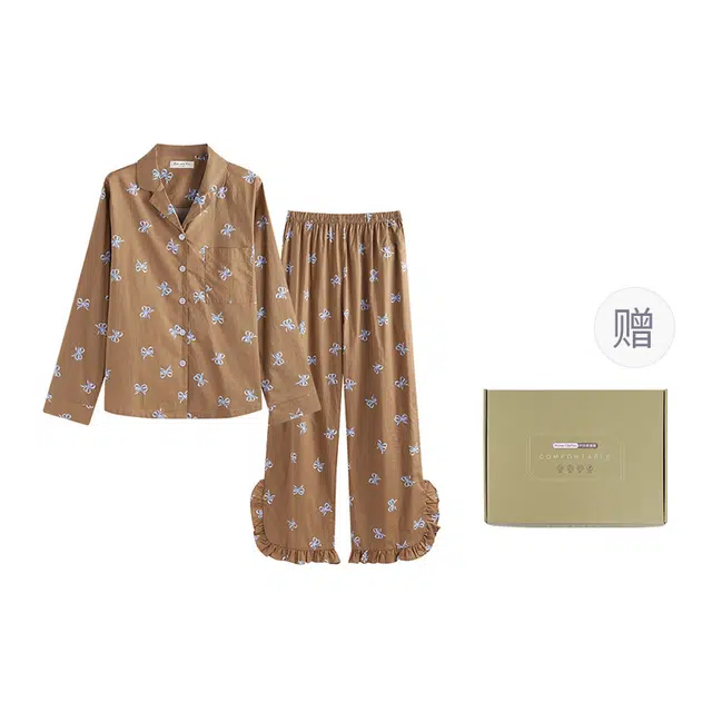 侘町 秋季 蝴蝶结满印纯棉棉纱柔软透气亲肤宽松休闲日常睡衣礼盒 女款
