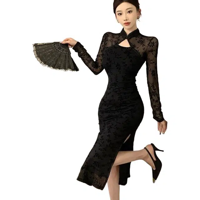 俞兆林 半开领包臀裙复古时尚开叉修身显瘦长袖连衣裙 女款
