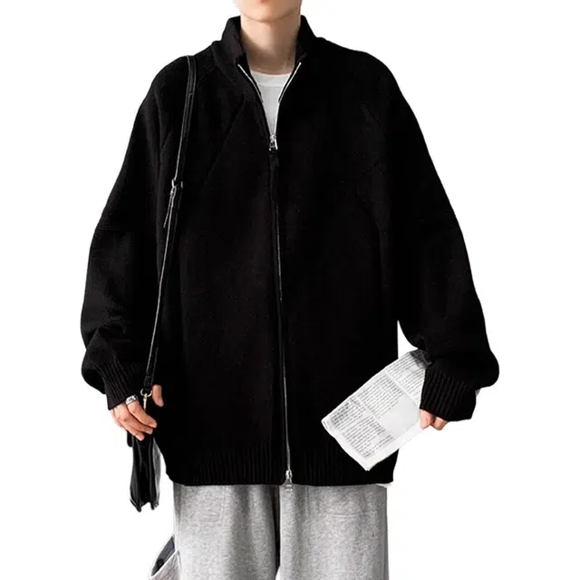 拓菲 双拉链开衫宽松立领慵懒风上衣春秋季潮牌美式外套针织衫 男女同款